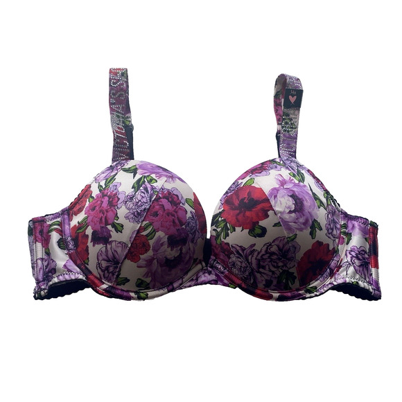 Victoria Secret Bra Bombshell Push Up Shine Strap Floral Logo Bling Adds 2 Cups - Picture 1 of 14
